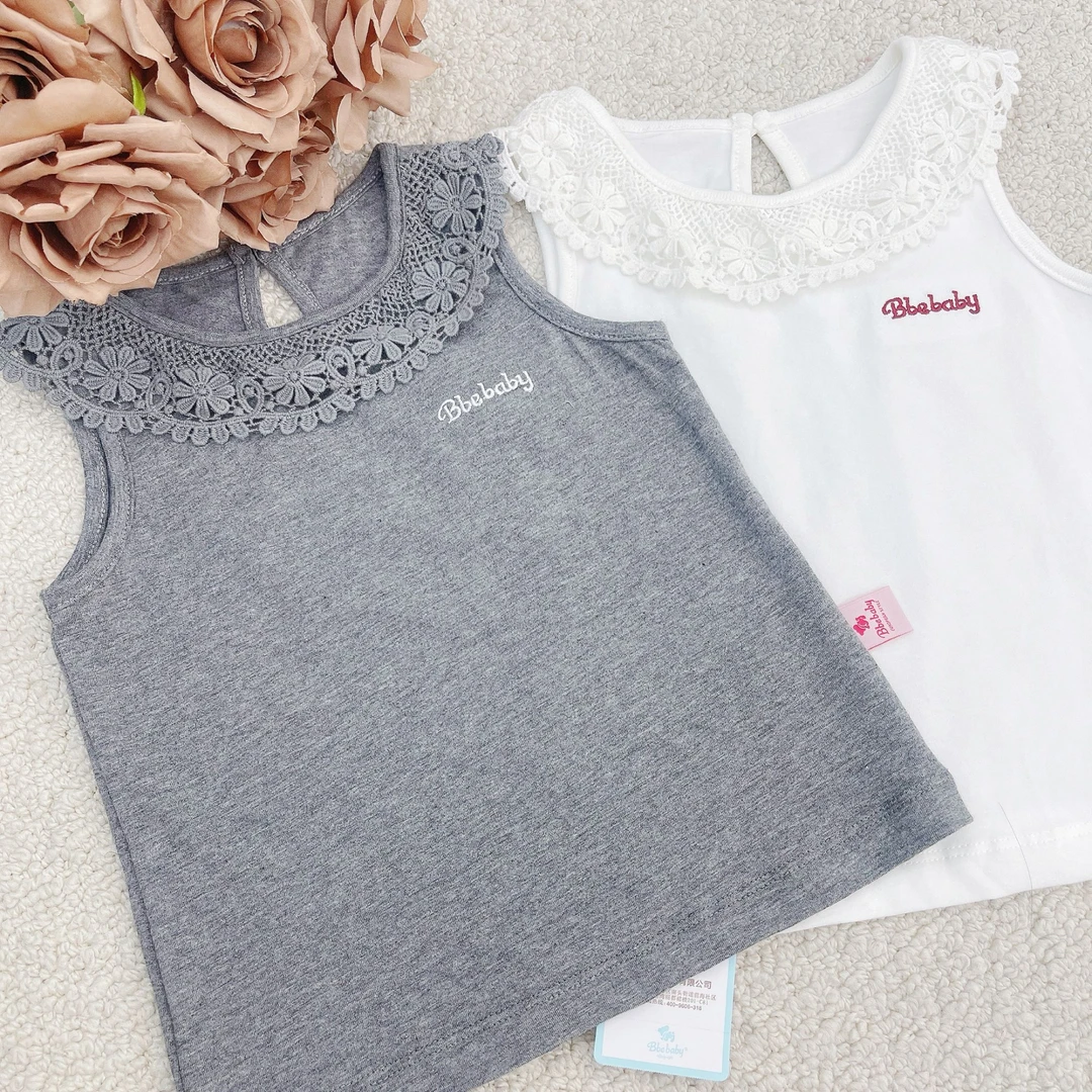 夏季女宝背心白色蕾丝无袖女童纯色针织短袖T恤休闲百搭儿童时尚