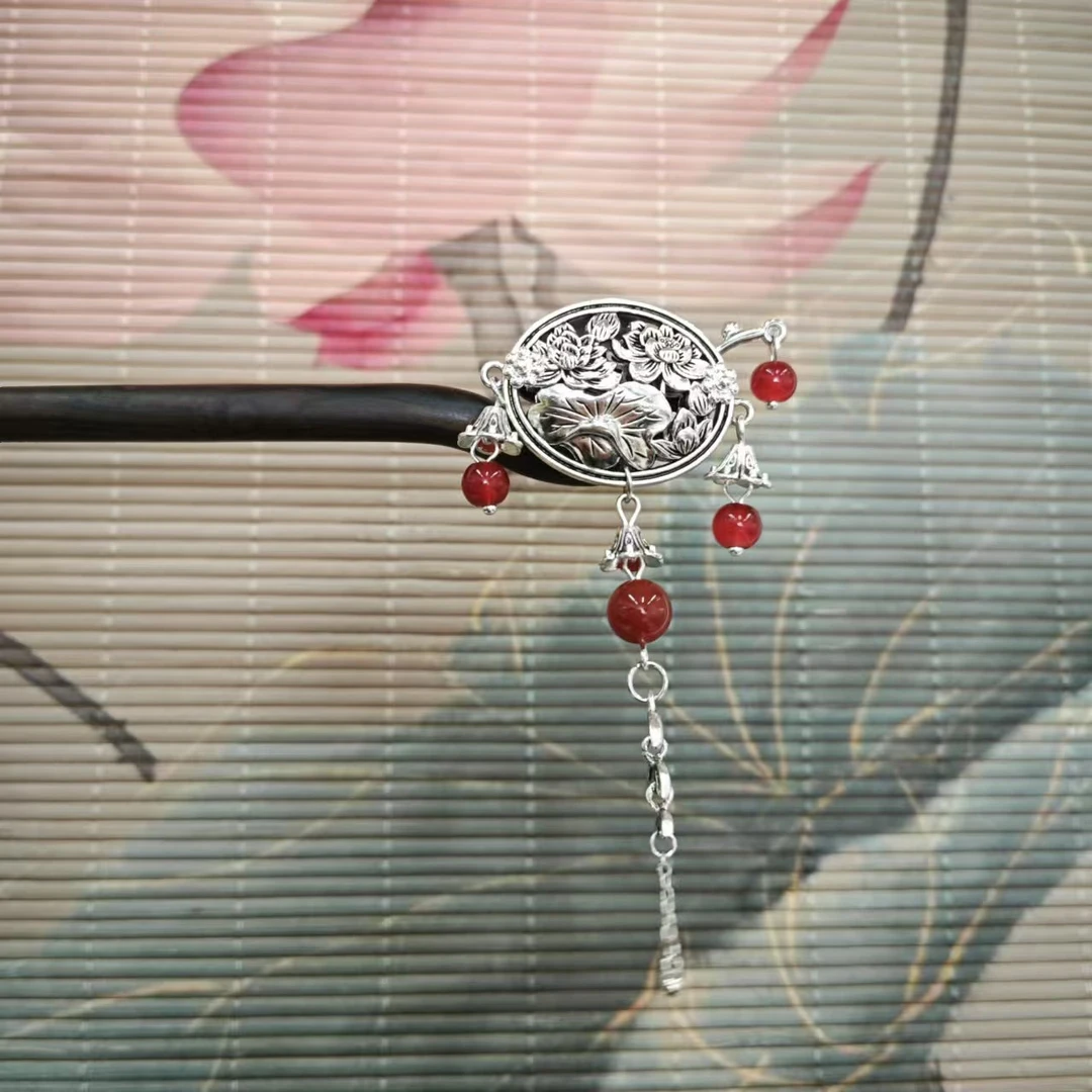 J350红色圆珠吊坠气质百搭发簪