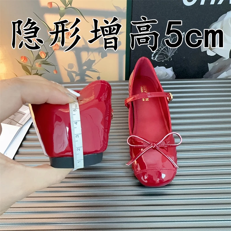 羊皮版~浅口红色单鞋女小个子内增高晚晚鞋百搭蝴蝶结玛丽珍鞋子