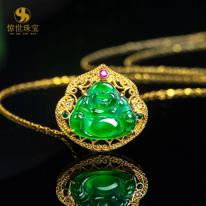 天然翡翠A货佛公吊坠镶嵌辣绿满绿小佛精美百搭时尚玉石女士挂坠