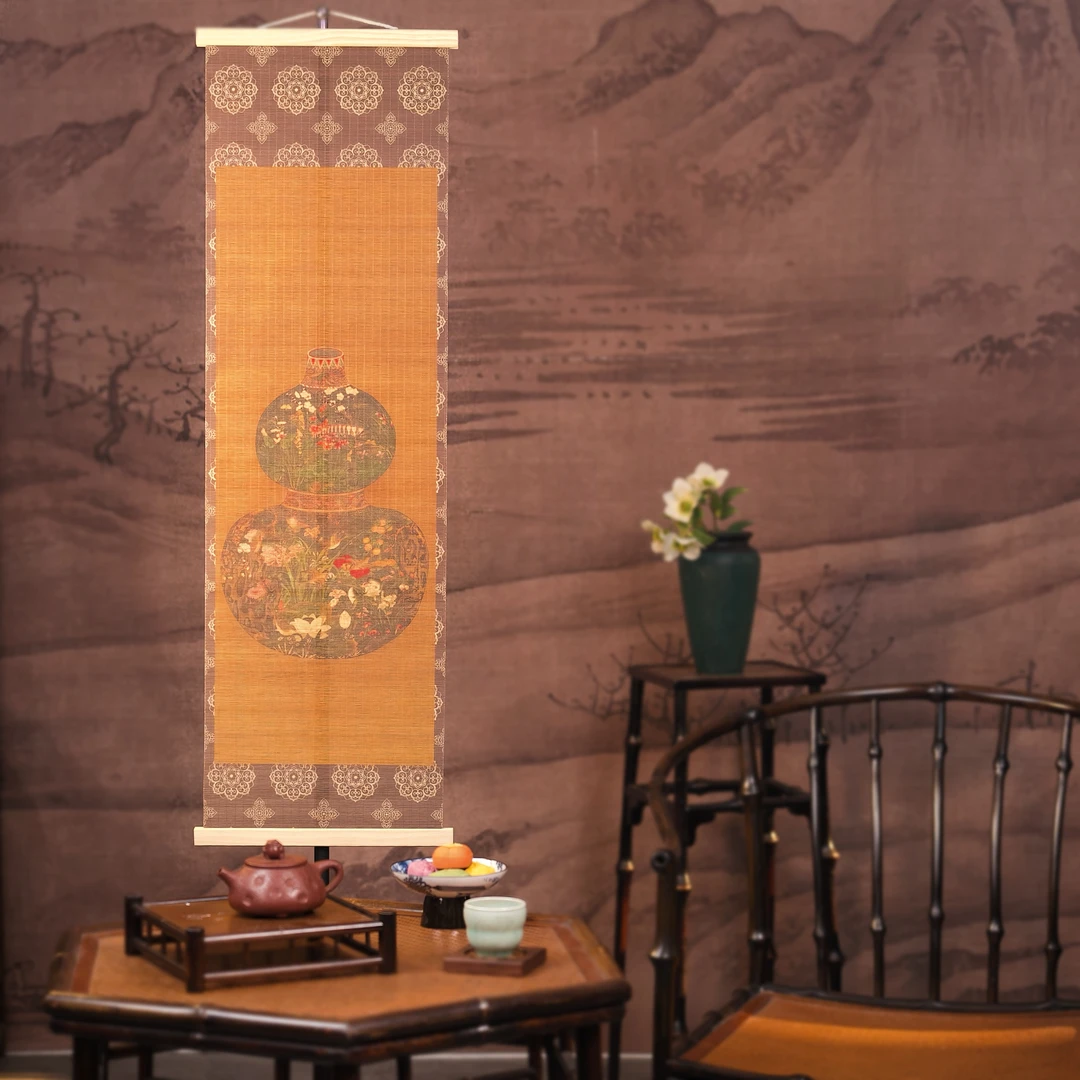 新款听琴图葫芦双面竹丝挂画挂帘茶室搭配挂饰装饰画竹制通用