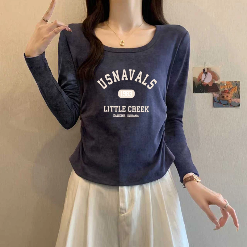 新款正肩秋季扎染方领长袖T恤女收腰显瘦不规则短款打底衫上衣春