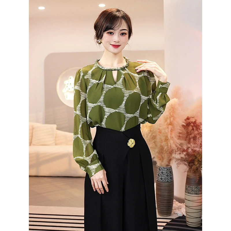 2025春秋新款【6884】百搭气质高级感优雅绿色法式衬衫上衣女