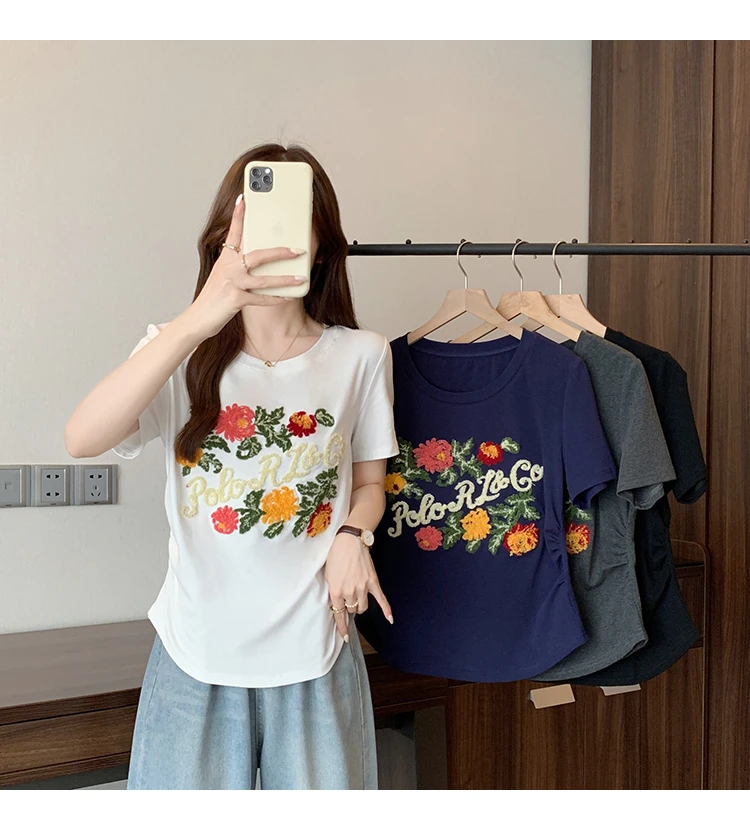 大码女胖mm时尚重工刺绣花朵别致短袖T恤显瘦夏季小众复古百搭