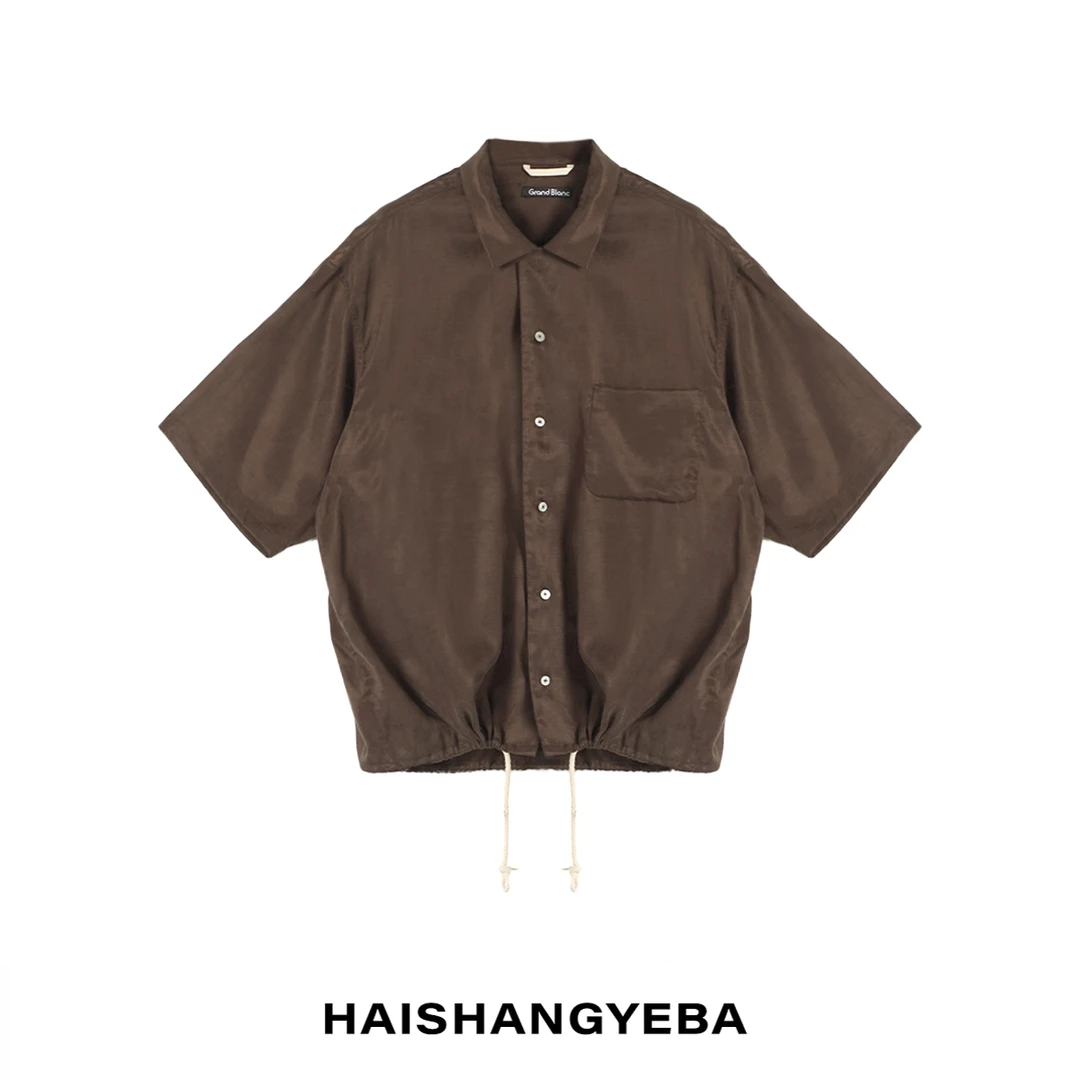 【海上叶爸】新款2025夏季百搭天丝翻领纽扣宽松休闲咖色衬衫