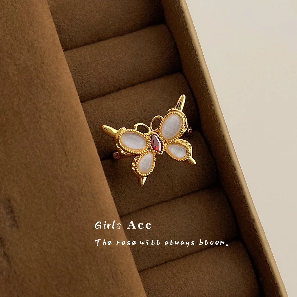 铜合金戒指 玻璃猫眼石蝴蝶指环镀18K金轻奢锆石食指戒时尚高级感