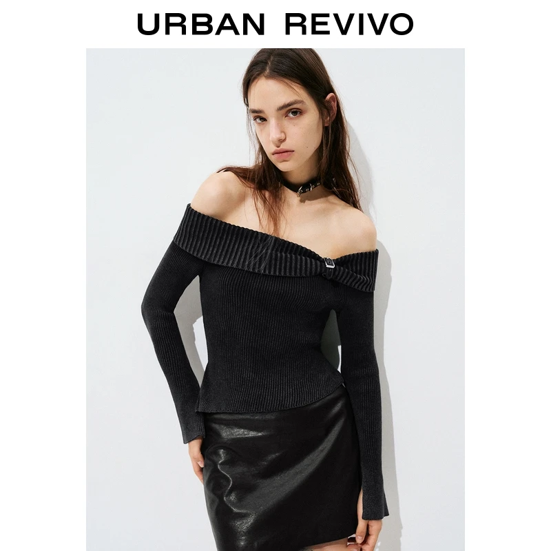 千禧派对UR2025秋季新款女一字肩皮带扣饰超短款针织衫UYV950053