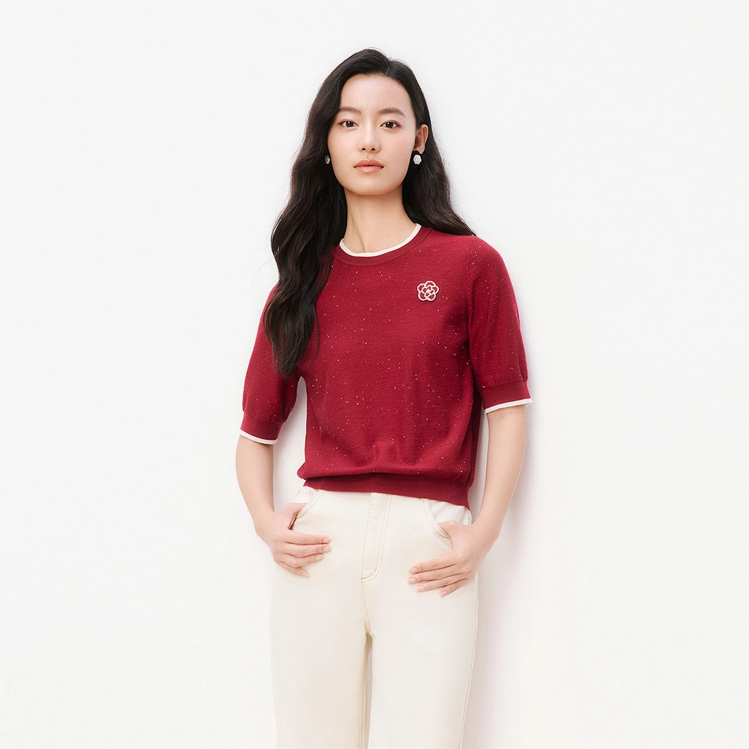 【羊羊专属】短袖针织衫女圆领花朵装饰上衣KZ03746/KZ03742/KZ0372