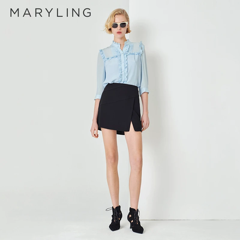 MARYLING玛俪琳初夏新品冰蓝色小立领木耳边衬衫A1DCW20350