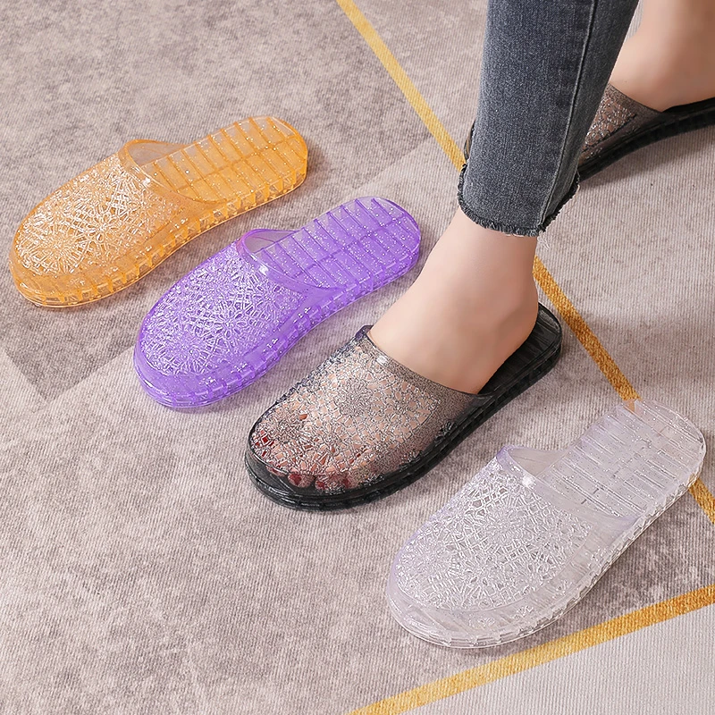 夏季新款透明平底包头凉拖鞋外穿防滑镂空洞洞鞋学生水晶半拖鞋女