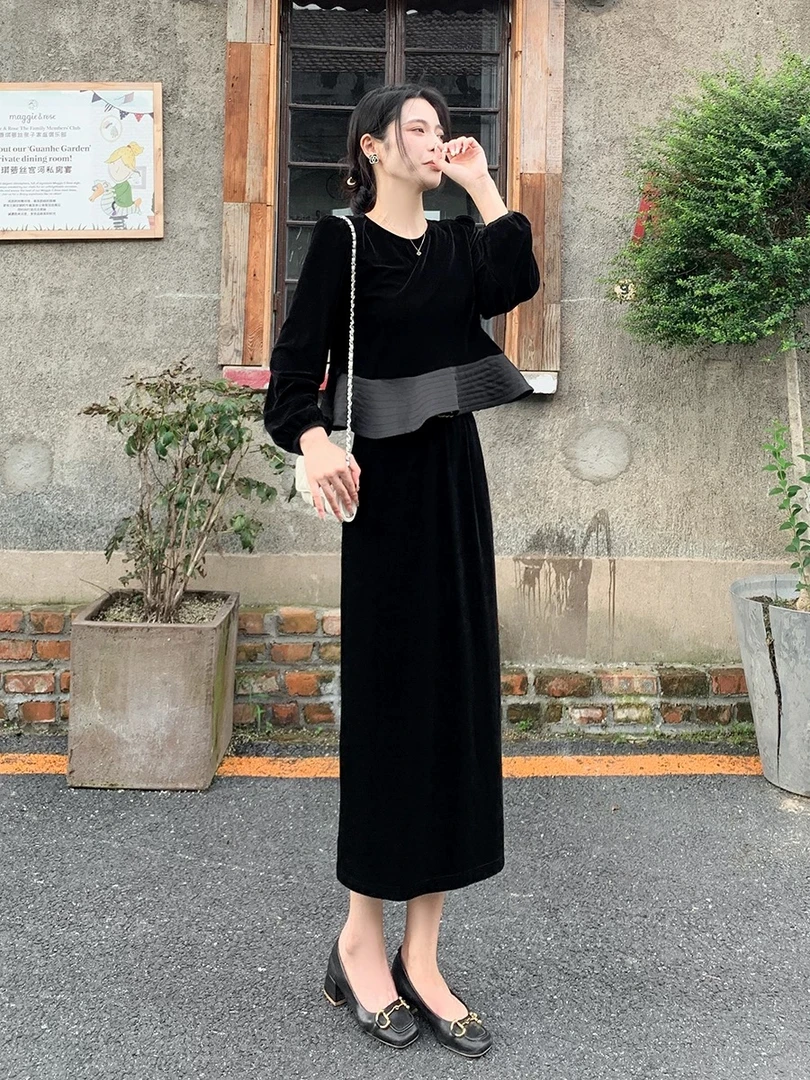Momo100桑蚕丝真丝丝绒显瘦气质百搭圆领时尚拼接长袖上衣