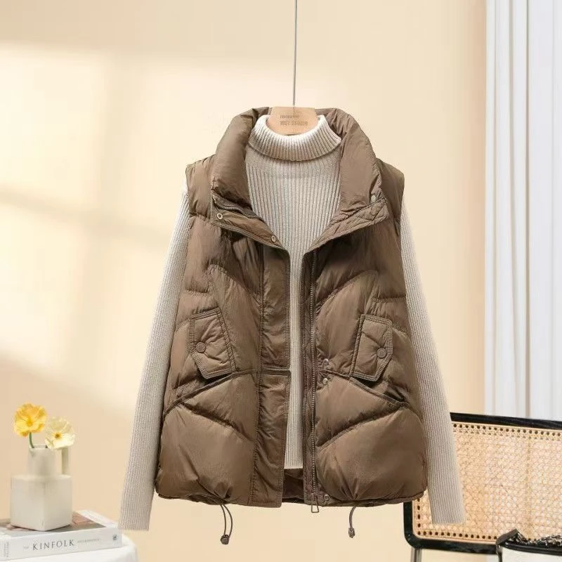 秋冬季新款羽绒棉服马甲短款立领加厚背心坎肩纯色马夹外套设计感