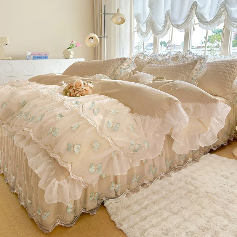 全棉床裙式四件套A类加厚夹棉床罩4件套韩版公主花边被套纯棉新款