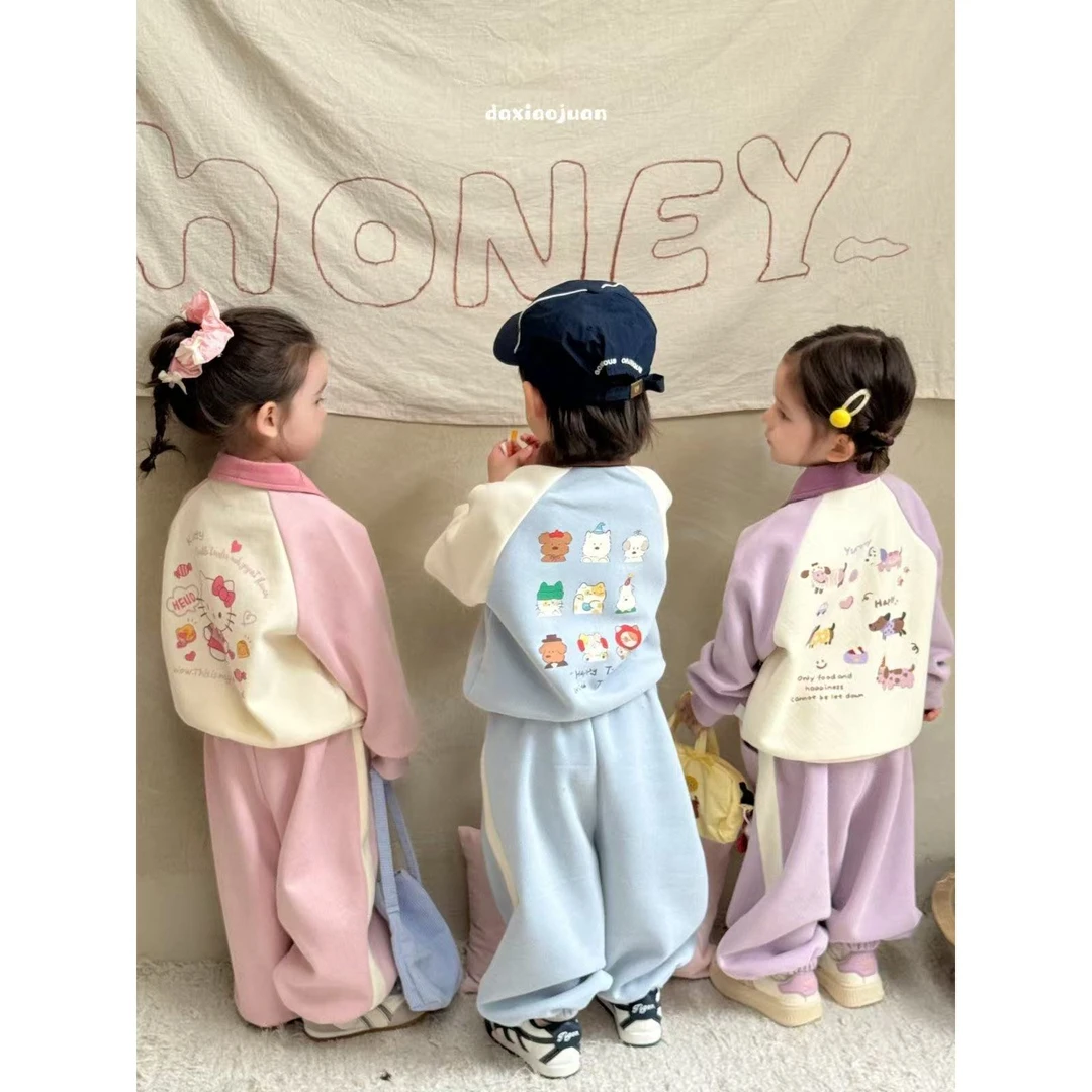 大小卷25秋儿童套装男宝女宝POLO套头衫卡通印花拼接袖长袖两件套