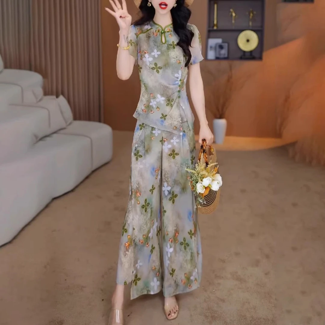 中式连衣裙优雅2025气质夏季新款显瘦收腰时尚减龄裤子套装