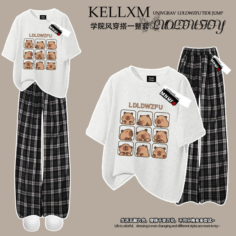 夏季装新款男女童套装纯棉扎染短袖T恤格子裤洋气卡皮巴拉中大童