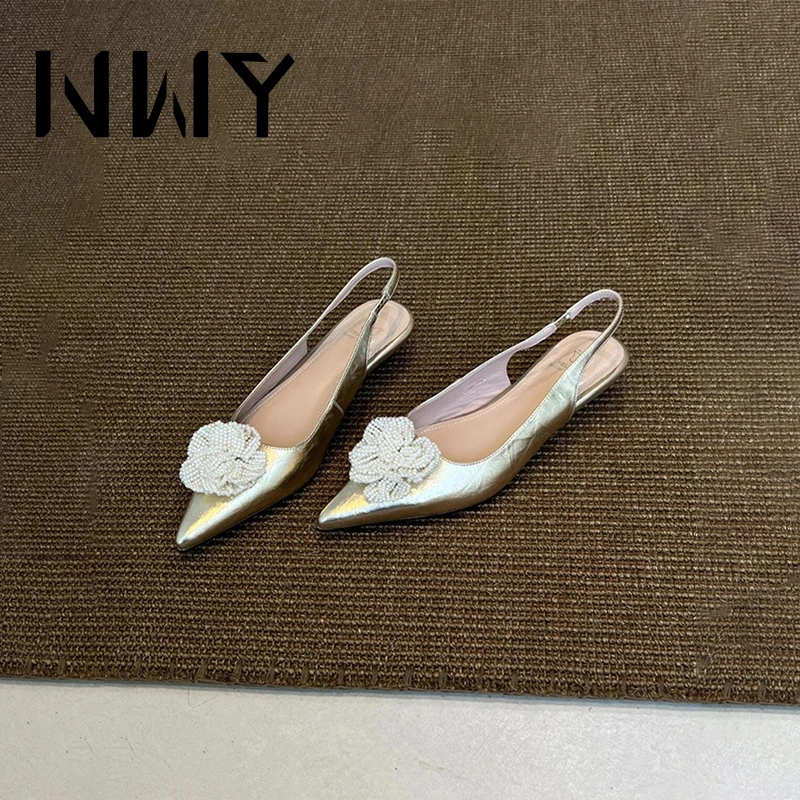 法式气质金色软皮包头平底凉鞋女夏季外穿仙女风婚鞋花朵尖头单鞋