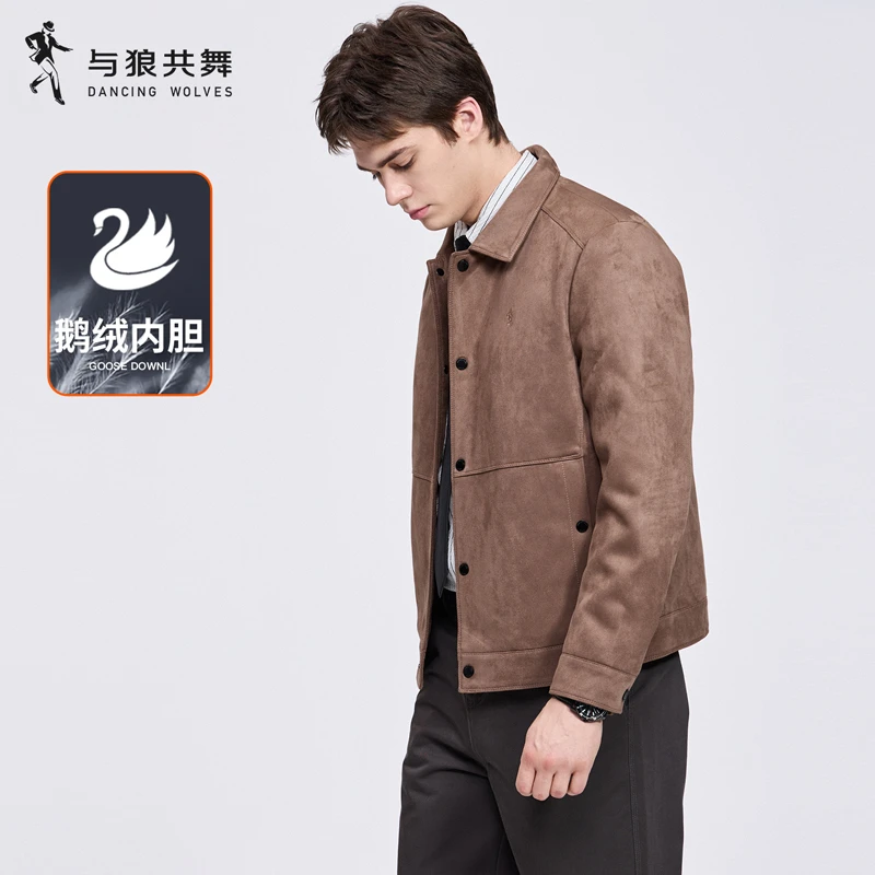 【鹅绒内胆】与狼共舞麂皮质感翻领羽绒夹克男2025秋冬新款保暖外套