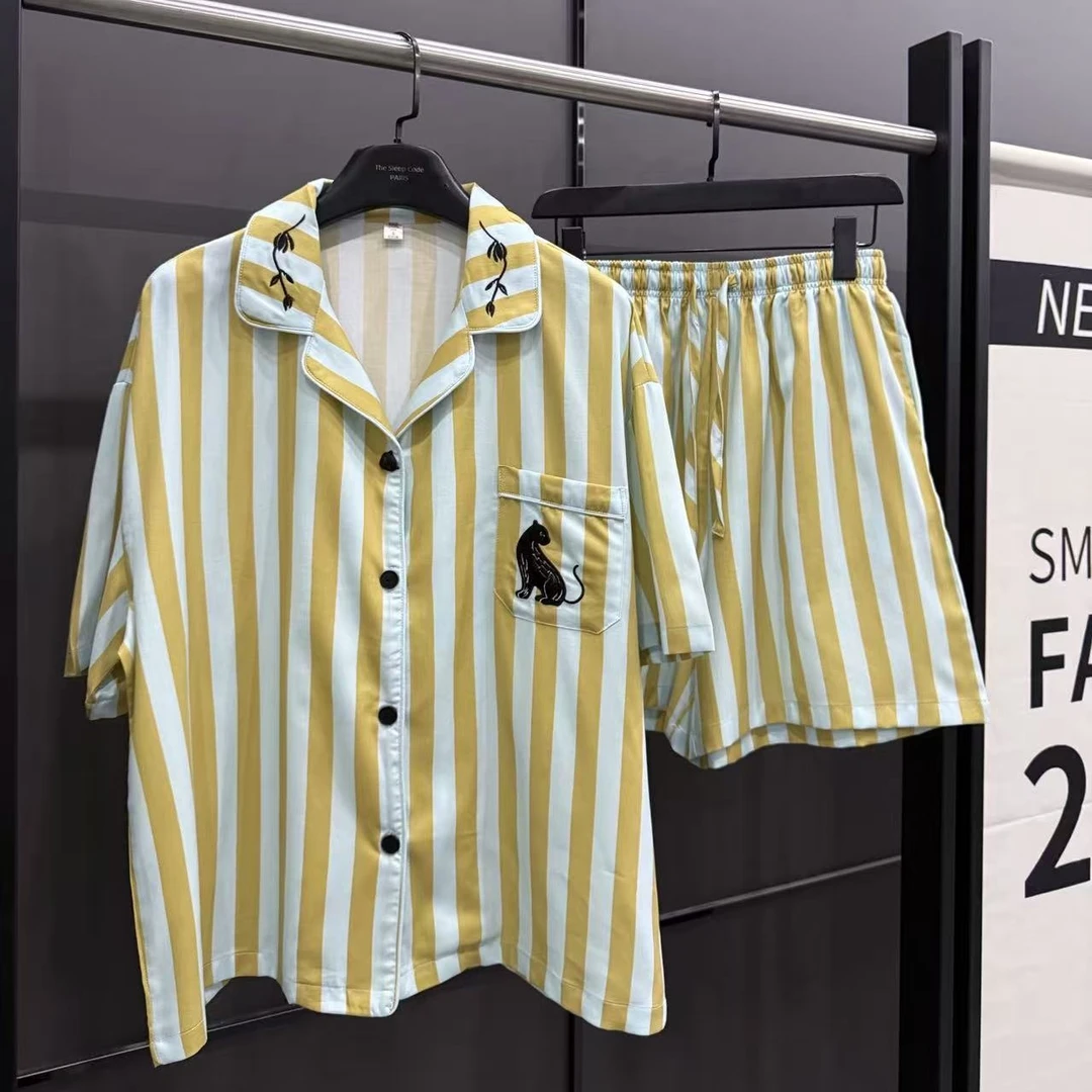 【T-蓝绿条纹黑豹-男女同款】 新款可外穿天丝棉居家服睡衣套装