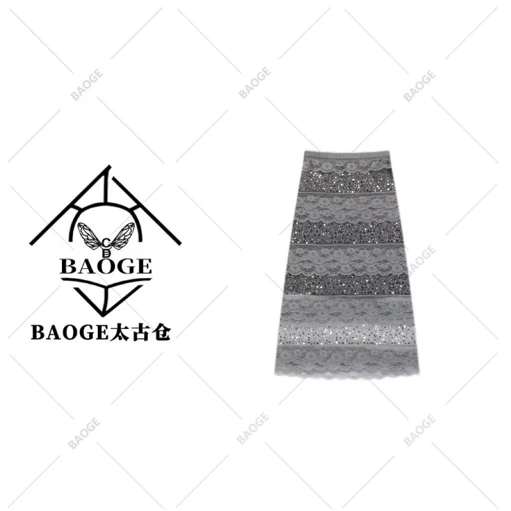 【BAOGE太古仓】春夏轻奢钉珠亮片蕾丝拼接气质半裙V28797
