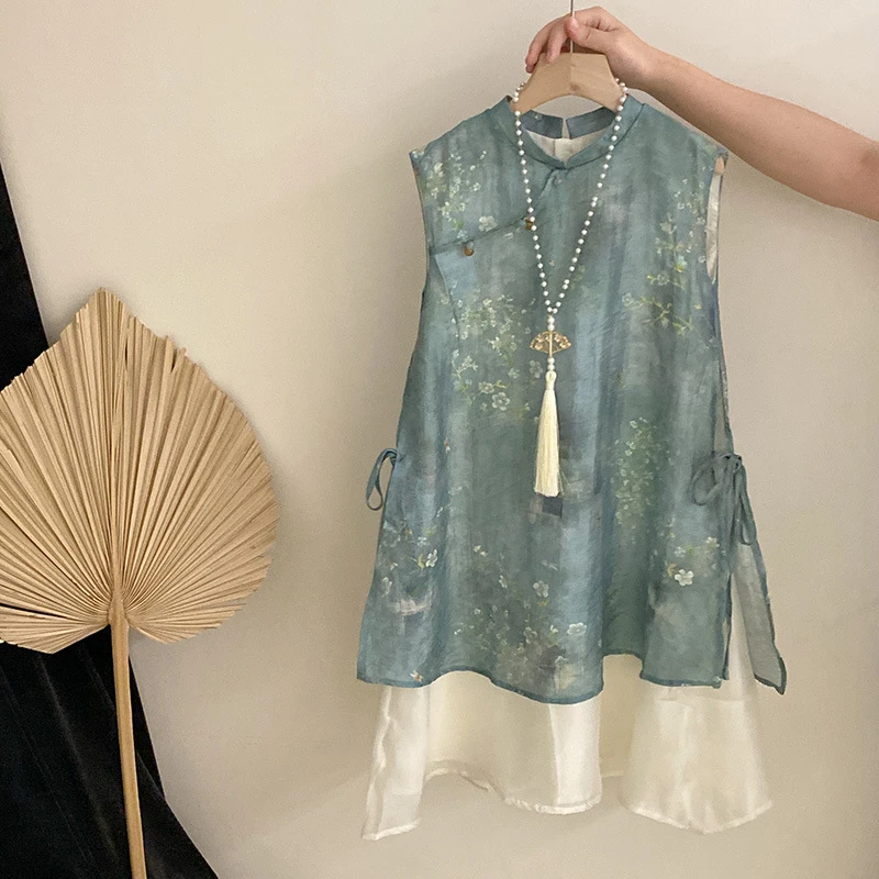 3【安安家】女童夏季新款新中式无袖上衣花朵假两件连衣裙潮R25403