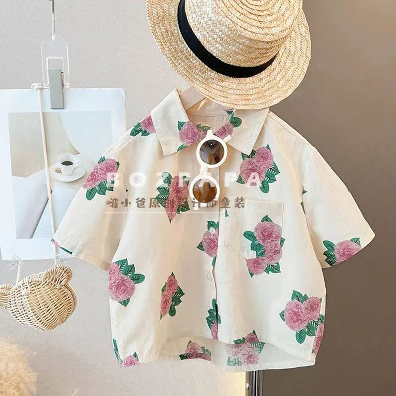 【白桃气泡】粉蔷薇印花短袖衬衫