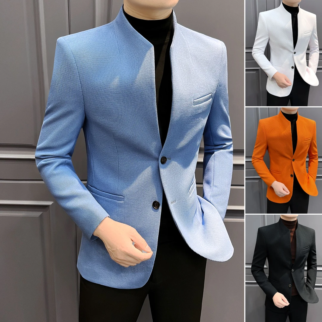 华夫格立领西装外套2025新款爆款痞帅高级感新中式男士休闲西服男