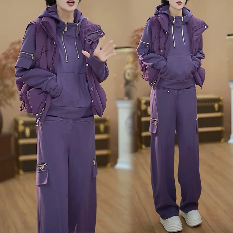 设计师款百搭欧韩休闲双拉链慵懒显瘦连帽卫衣马甲弯刀裤三件套