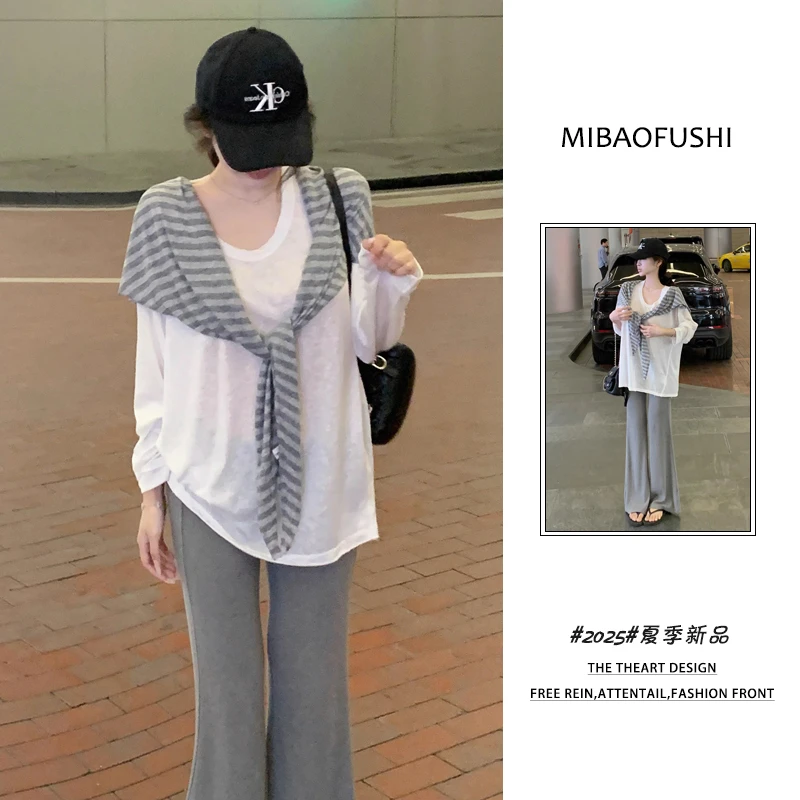 夏季穿搭一整套2025新款韩系条纹披肩薄款上衣微喇裤三件套