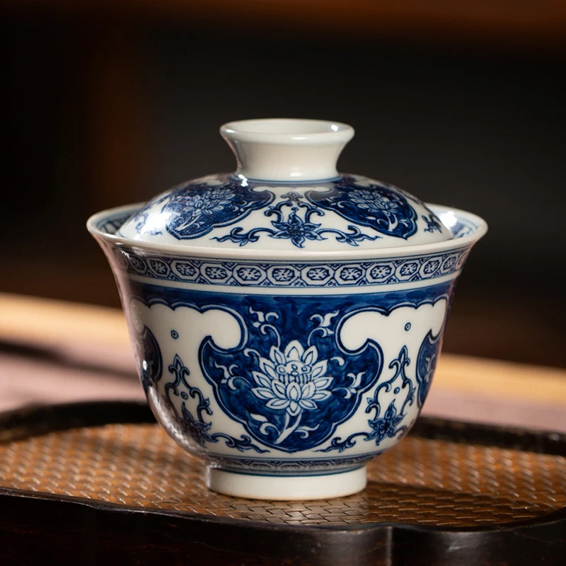 仿明青花如意莲花泡茶盖碗茶杯 景德镇手工功夫茶具泡茶碗盖杯