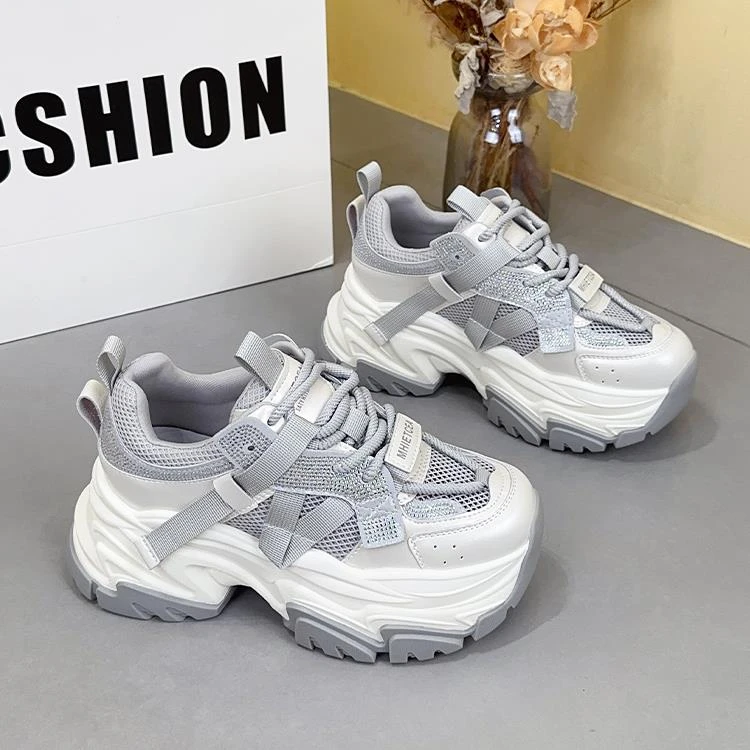 增高透气老爹鞋女2025夏季新款真皮网面鞋子女炸街炫酷休闲运动鞋
