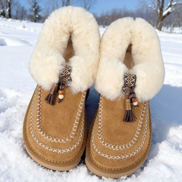 牛皮版2025秋冬新款厚底毛毛鞋女羊毛加绒雪地靴一脚蹬保暖棉鞋