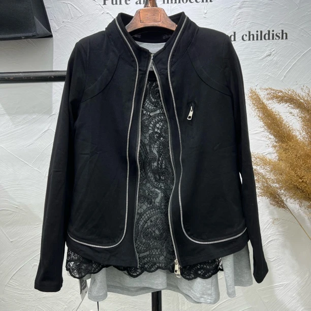 新款双拉链上衣修身显瘦气质大码长袖短外套