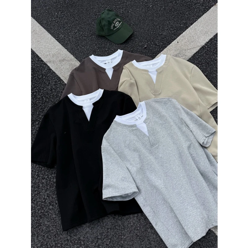 美式复古假两件V领高级感短袖T恤宽松百搭休闲情侣五分袖体恤