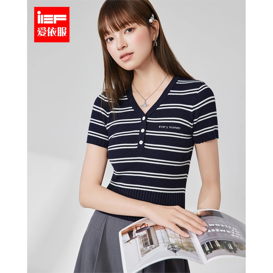 IEF/爱依服2025短袖常规款显瘦百搭休闲条纹气质短款上衣流光风