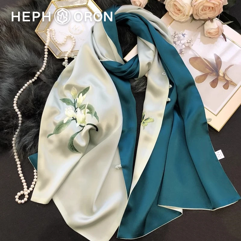 HEPHSORON苏绣丝巾礼盒送妈妈绿色薄款气质百搭桑蚕丝真丝围巾