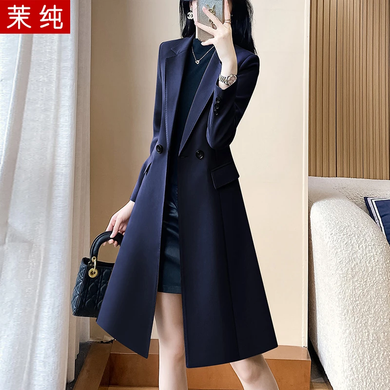 西装外套女藏青色长款收腰西服ol女装外衣气质女神范高端正装风衣