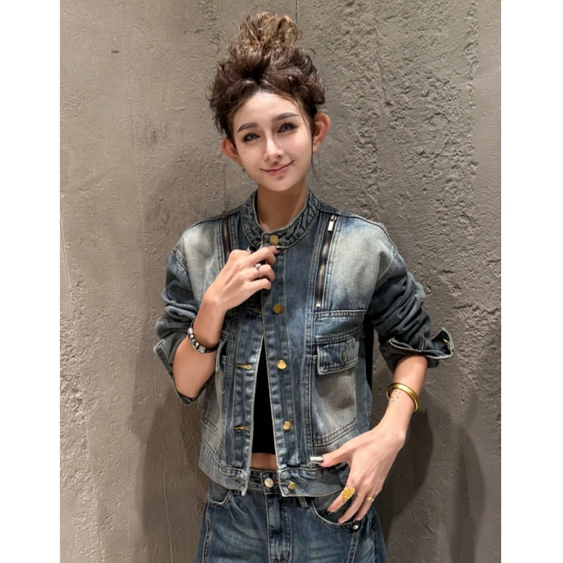 原创时髦街头做旧水洗牛仔外套显瘦拉链外套女春秋百搭外套