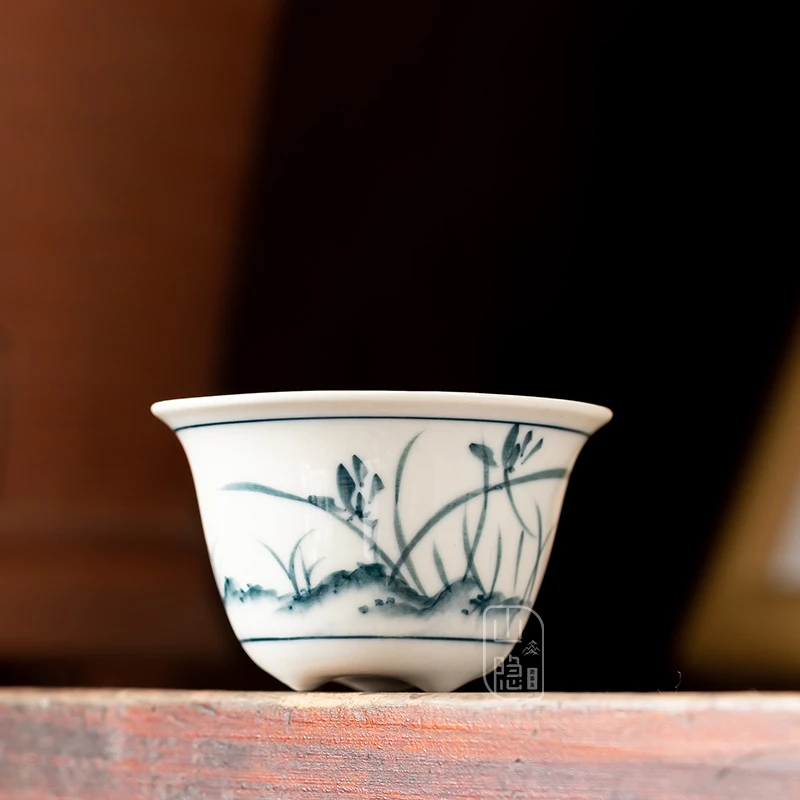 山隐趣事斋草木灰手绘兰花功夫茶杯中式品味品茗杯简约复古主人杯