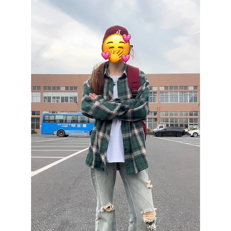 美式复古慵懒风墨绿色格子长袖衬衫男女同款秋季新款宽松衬衣外套