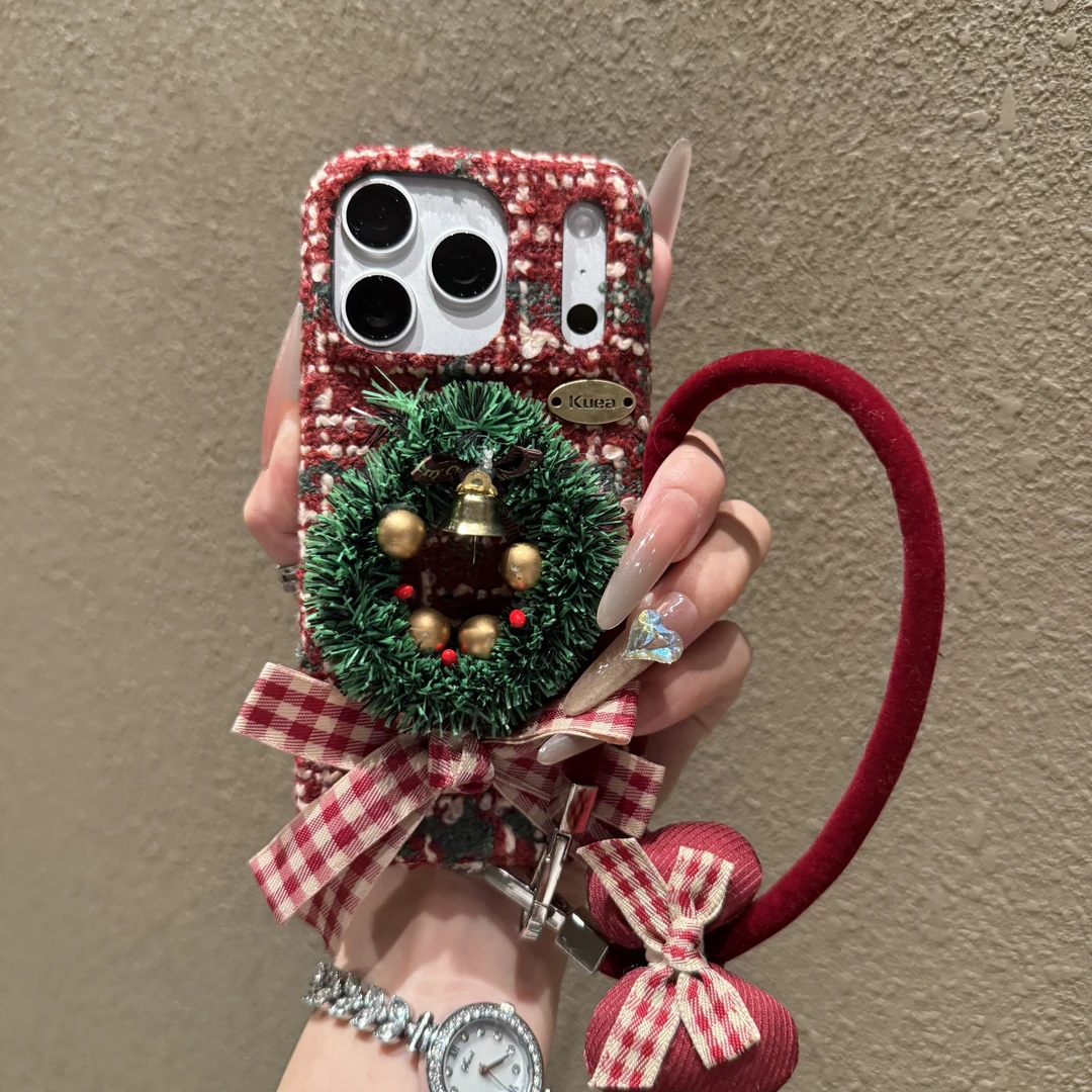 圣诞毛绒格纹立体绿花环蝴蝶结适用苹果17promax手机壳16个性15女