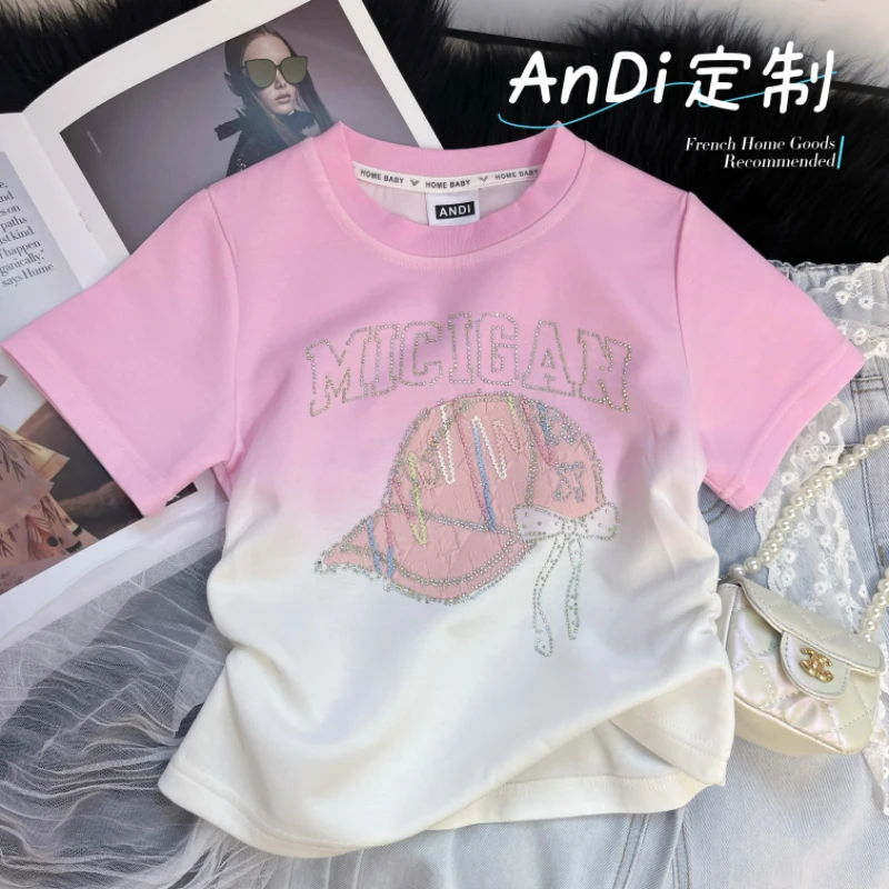 〖ANDI〗订制夏季新款女童韩版中大童重工压花渐变色短袖T恤3760