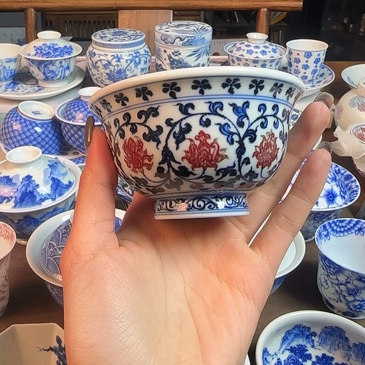 名窑口 青花釉里红缠枝莲压手杯福利