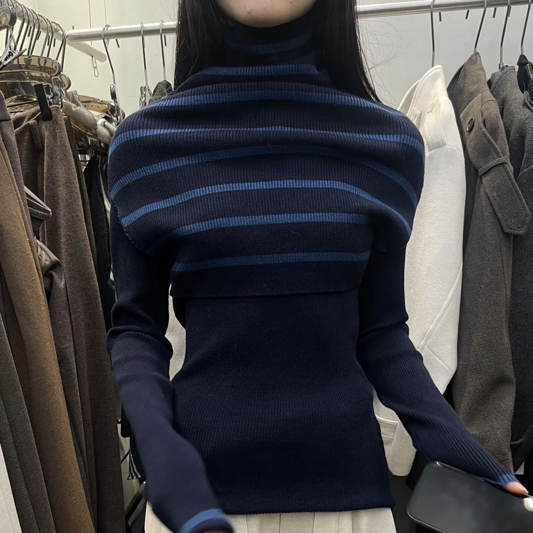 法式高领条纹修身长袖针织衫