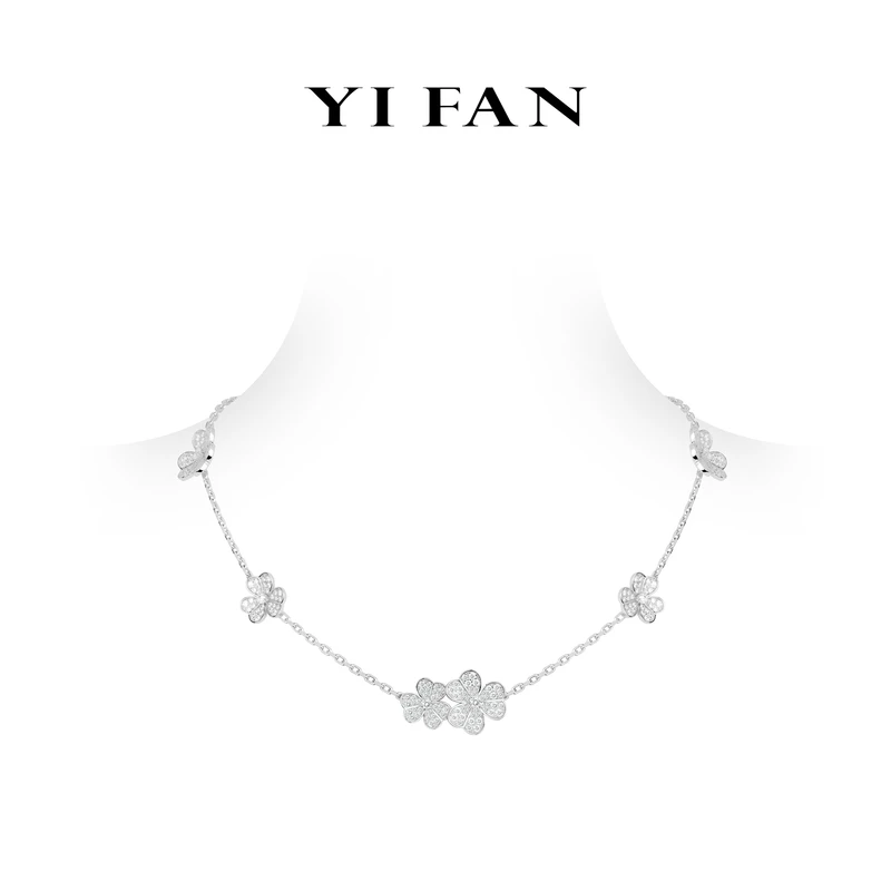 吊坠925银合成锆石 20185-白色满钻三瓣花豪镶百搭项链