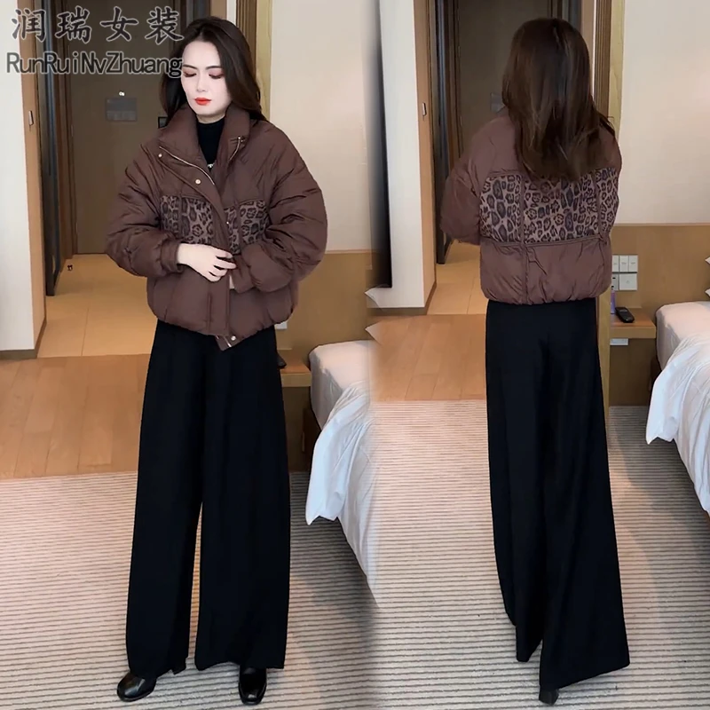 时尚豹纹拼接立领短款棉服女2025冬季新款小个子气质减龄棉袄外套