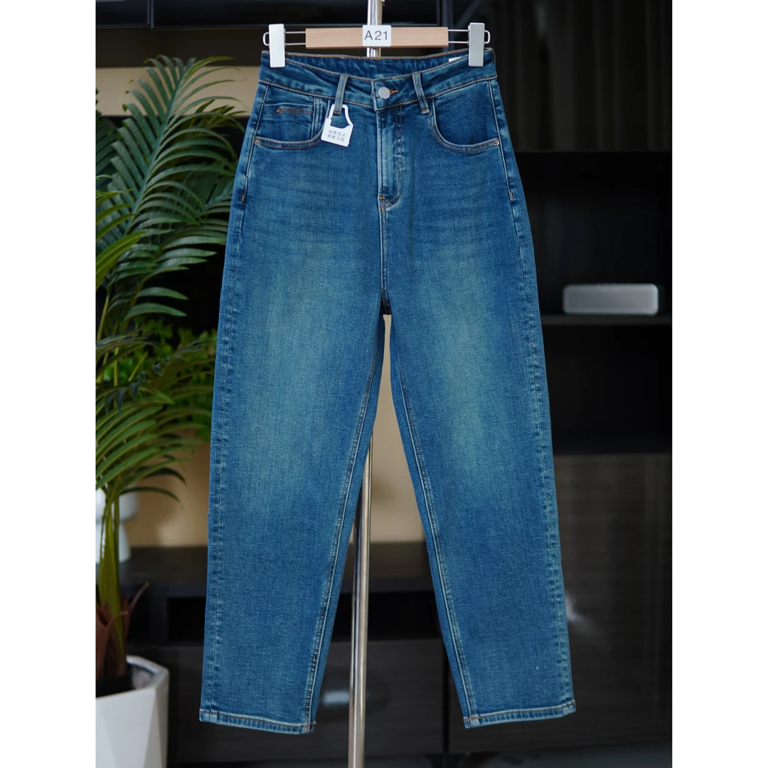 【A21】宾尼 薄绒老爹裤复古蓝牛仔裤女【50250】【乐乐家】