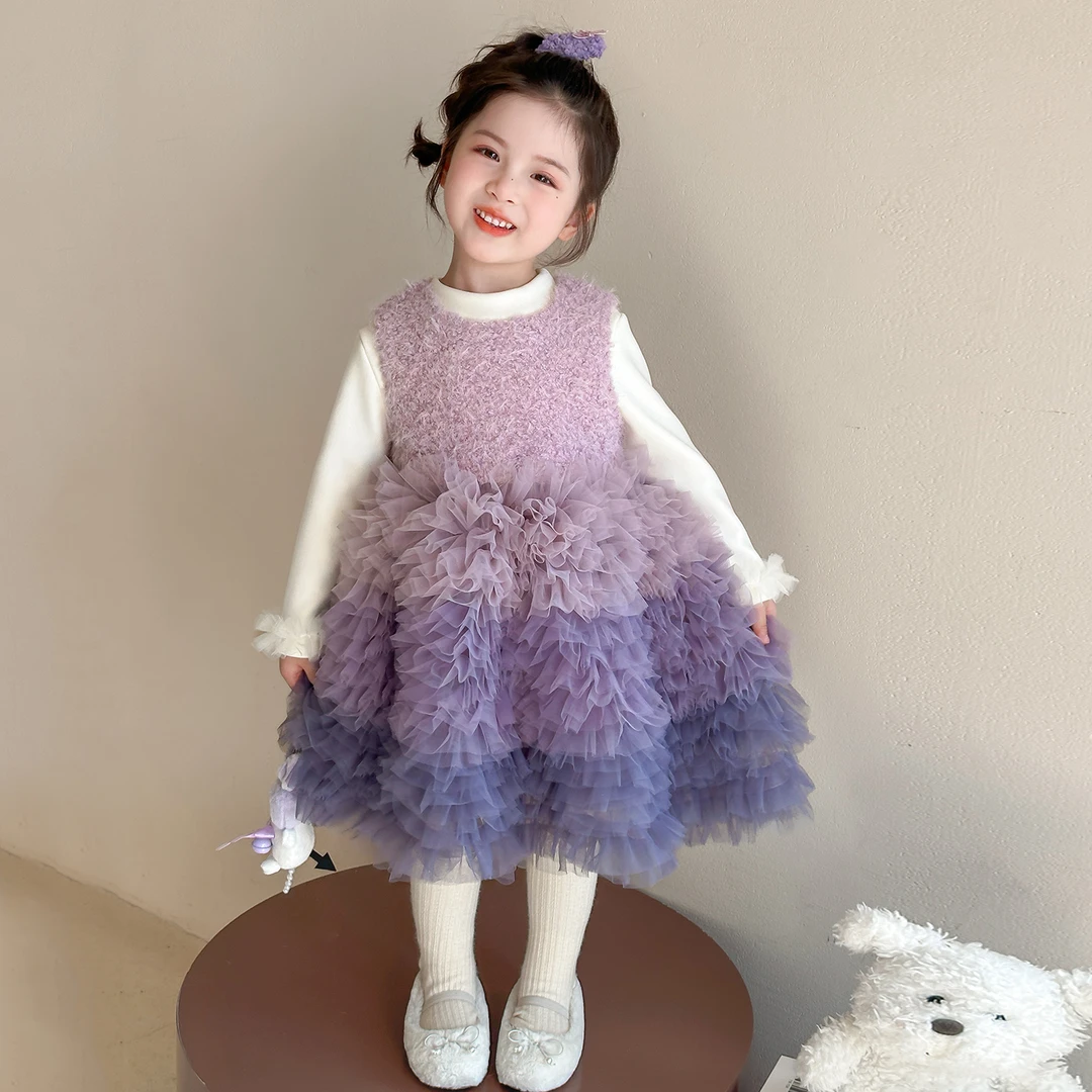 女童连衣裙冬装加绒公主裙儿童连衣裙套装新款宝宝生日渐变礼服裙