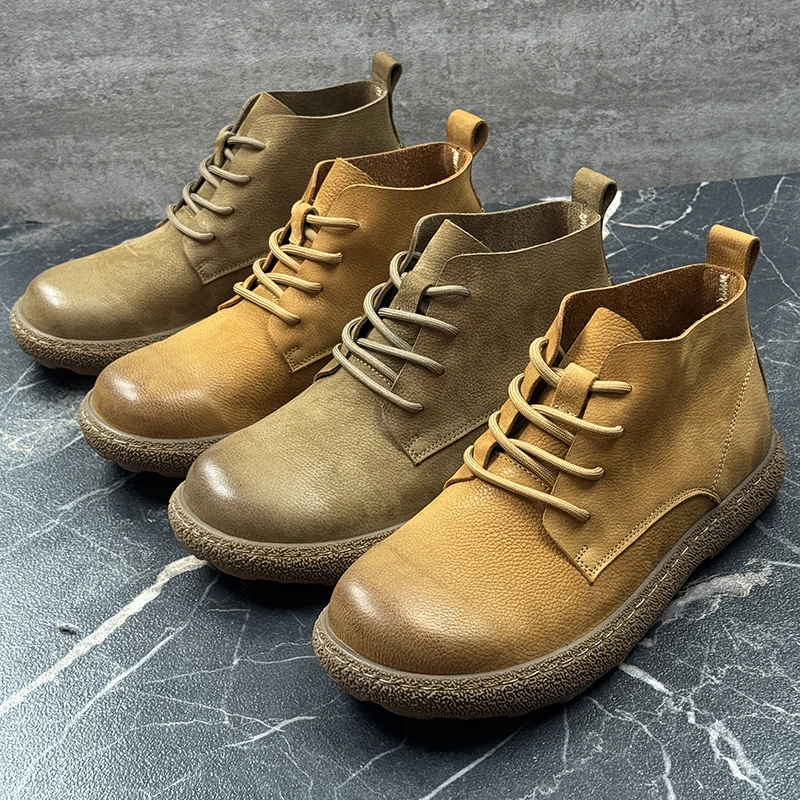 男女同款中帮头层牛皮马丁靴圆头工装靴时尚复古四季款高帮休闲鞋