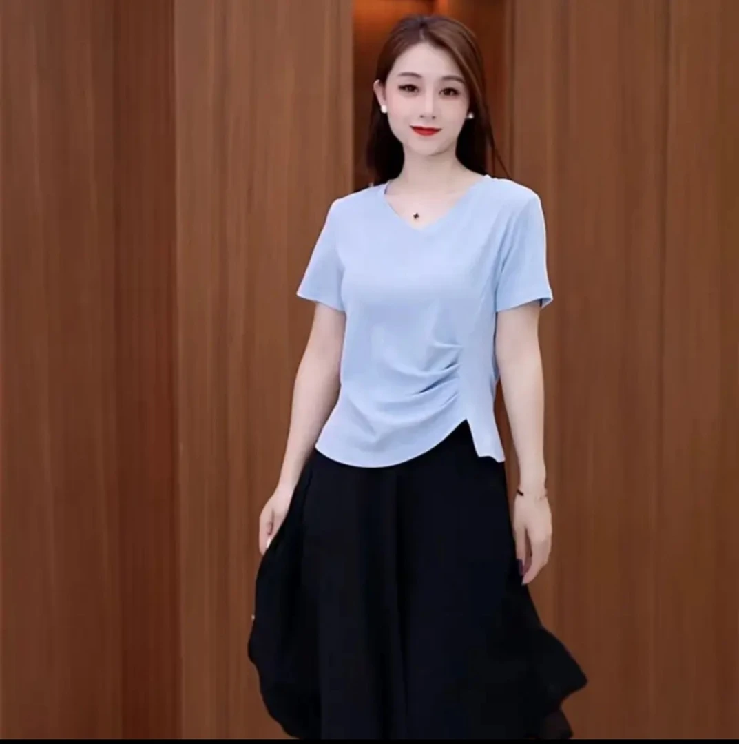 新款爆款女短袖T恤显瘦气质修身时尚夏季不规则V领上衣遮肚子2